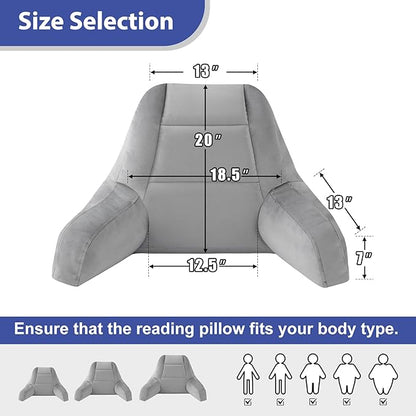 IASEAHK Reading Pillows for Sitting in Bed Adult, Back Pillow for Bed Sitting Up, Backrest Pillows with Shredded Foam for Adult&Teens, Support Pillow with Arms for Beds, Couch, Floor, 20in, Grey