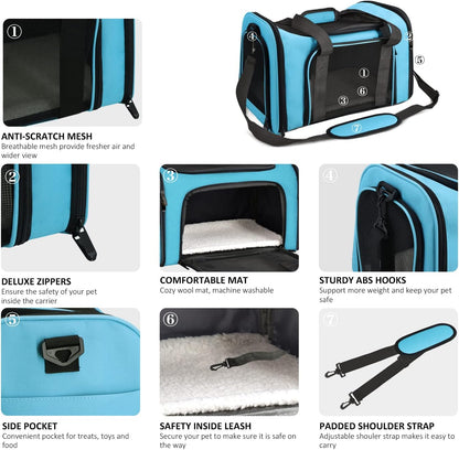 Pet Carrier for Small Medium Cats Puppies up to 15 Lbs, Airline Approved Small Dog Travel Puppy Carrier Soft Sided, Collapsible - Blue