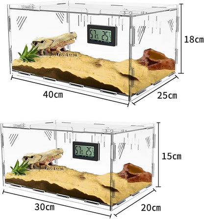 Reptile Terrariums, with Temperature Hygrometer, 11.8"x7.9"x5.9" Acrylic Reptile Breeding Box Terrarium Cage Tank for Small Reptile Insect Home Office