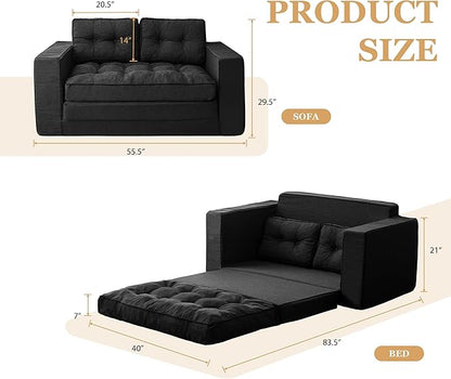 YOSHOOT Loveseat Sleeper Sofa,55" Convertible Sofa Bed Couch Futon Couches for Living Room,3-in-1 Pull Out Floor Couch with Backrest and Pillows, Black