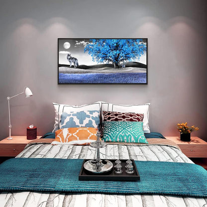 Framed Canvas Wall Art For Living Room Family Wall Decorations For Bedroom Modern Office Wall Decor Paintings Blue Tree Landscape Pictures Artwork Canvas Art Prints Home Decor Black Frame 20" X 40"