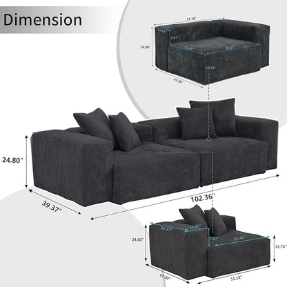 Sectional Couches for Living Room,102inch Cloud Couch Modular Sectional Sofa,Modern Corduroy Couch Love Seat,Cushion Covers Removable& Washable (Black)