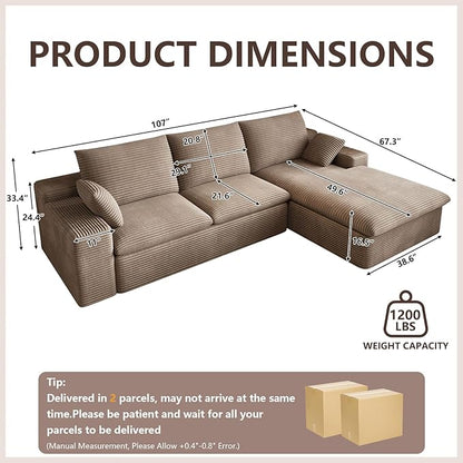 107 Inch Modular Sectional Sofa with Deep Seat, Corduroy Cloud Sectional Couch, Modern Boneless Couches with L-Shape Chaise for Living Room Bedroom, No Assembly Required (Camel, Right Facing Chaise)