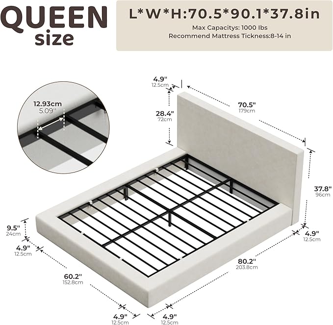 RECCI Cloud Upholstered Queen Bed Frame with Headboard, 5 Inch Foam Padded Platform, No Box Spring, Easy Assembly(Cream)