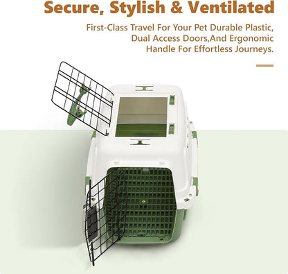 Athena Collection 18" Hard-Sided Travel Pet Carrier for Small Dogs and Cats | Plastic Dog Carriers with 2-Door Top & Front Load, Ventilation, Security Lock, Cat Dog Carrier for Pet, up to 10lbs, Green