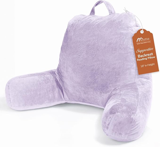 Sasttie Reading Pillow, Velvet Back Pillow for Bed Sitting Up, Adult Back-Rest Support Cushion with Arms for Sit Up on Couch, Sofa, and Floor, Dorm Essentials, Reading Accessories, Lavender
