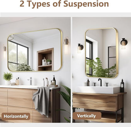 22x30 Inch Gold Bathroom Mirror, Brushed Gold Metal Framed Rectangular Mirror