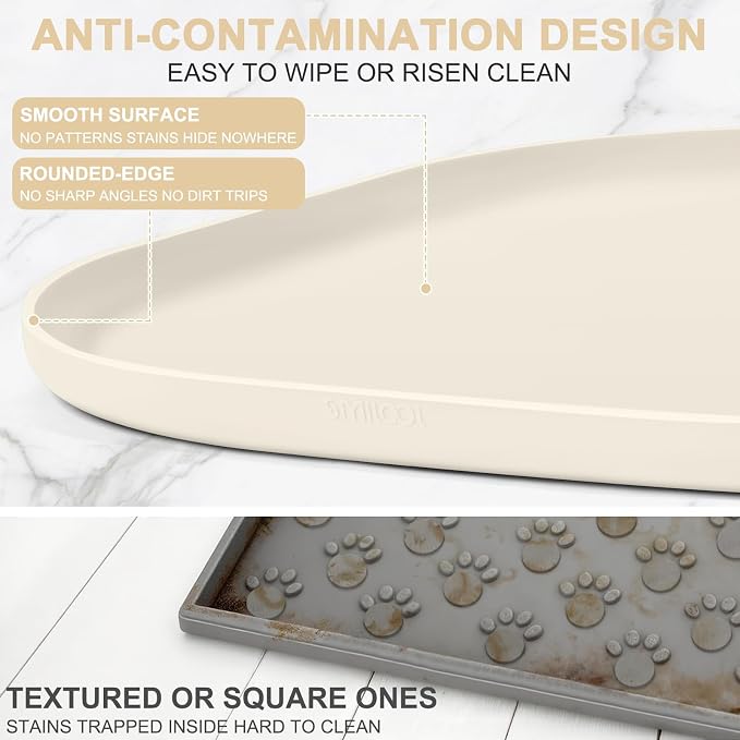 SMILOOL Waterproof Silicone Pet Food Mat with Raised Edge for Dog & Cat | 19" x 12" Non-Slip Pet Feeding Mats with Lip for Food & Water Bowl, Food Grade, Easy Cleaning, White Sand