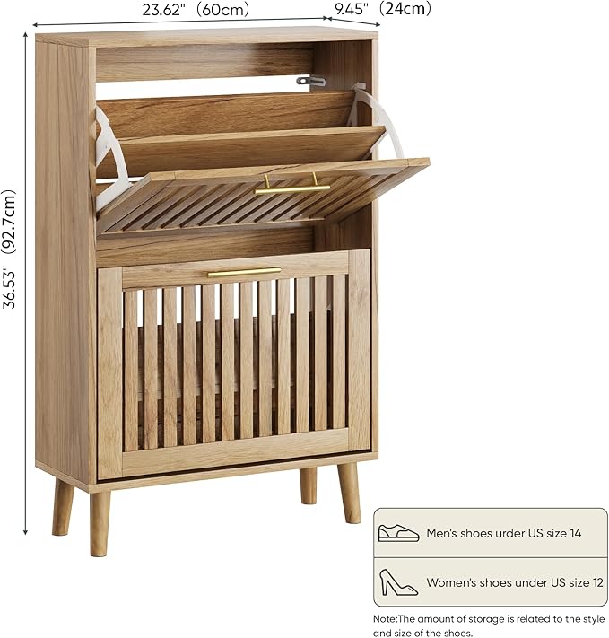 Shoe Cabinet with 2 Flip Slatted Drawers, Farmhouse Slim Shoe Organizer Rack