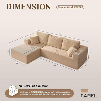 107" Boneless Couch with Deep Seat, Modular Sectional Sofa, Cloud Sectional Couch for Living Room, No Assembly Required, Corduroy, L-Shape Left?Camel