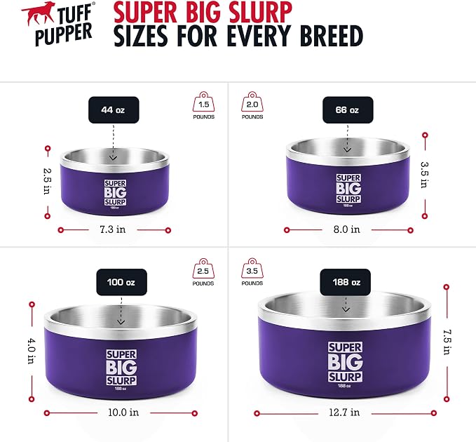 Tuff Pupper Heavy Duty Insulated Dog Bowl | Double Wall Stainless Steel Dog Food Dish | Non-Slip Spill Proof Dishwasher Safe Cat Bowl | Water Dish for Feeding Large Medium Small Pets (188oz, Purple)