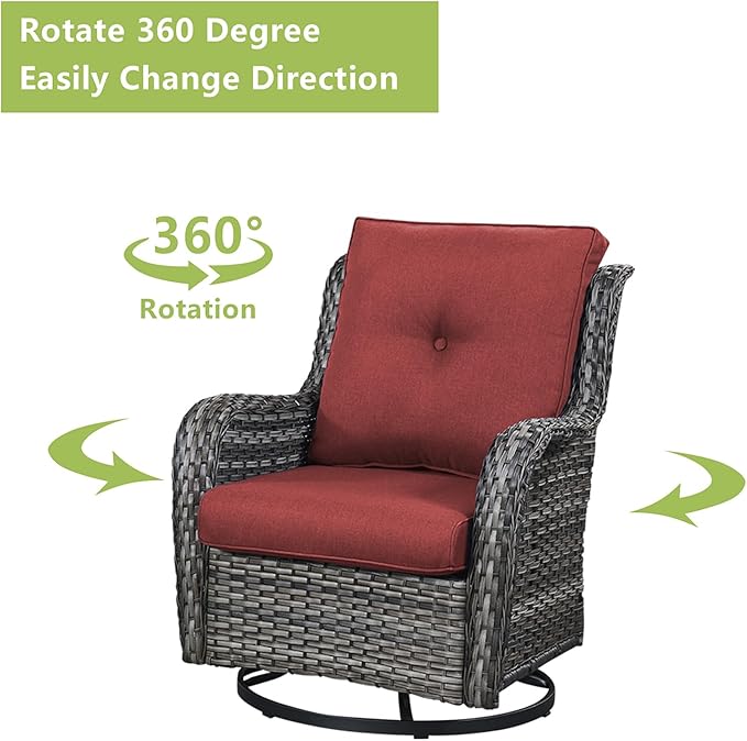 Rilyson Patio Furniture Swivel Chairs Set - 8 PC Wicker Rattan Outdoor Sectional Conversation Sets with 4 Swivel Rocking Chairs,2 Ottomans,1 Sofa and 1 Coffee Table for Porch Deck(Mixed Grey/Red)