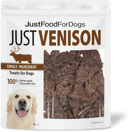 JustFoodForDogs Venison Dog Treats, Single-Ingredient Healthy Dog Treats, Made in The USA, 5 oz