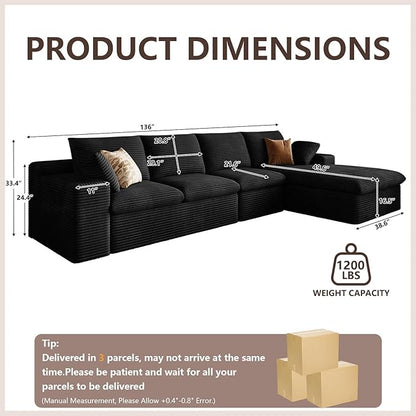 Cloud Sectional Couch,136 Inch Modular Sectional Sofa with Deep Seat, Modern Corduroy Boneless Couches with L-Shape Chaise for Living Room Bedroom, No Assembly Required (Black, Right Facing Chaise)
