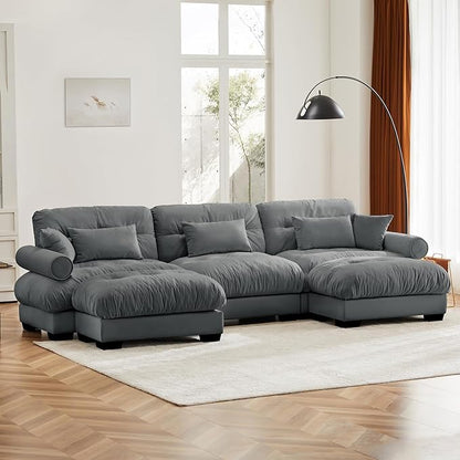 130" Grey Modular Sectional Sofa, 3 Seater Large Sectional Couches for Living Room, Velvet Fabric Oversized Fluffy Cloud Couch with Ottoman, Deep Seat Home Sofas Set, Sofá Moderno, U Shaped