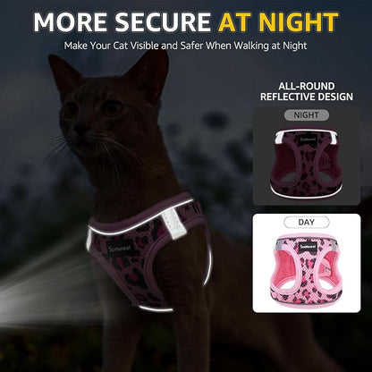 SCENEREAL Cat Harness & Leash Set Escape Proof - Adjustable Air Mesh Vest with Reflective Strips for Kittens, Puppies, Rabbits, Pink Leopard M