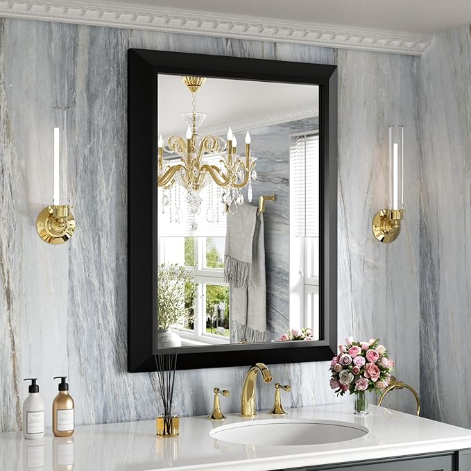 Amorho Black Bathroom Mirror, 24x32 Inch Thick Metal Framed Wall Mirrors
