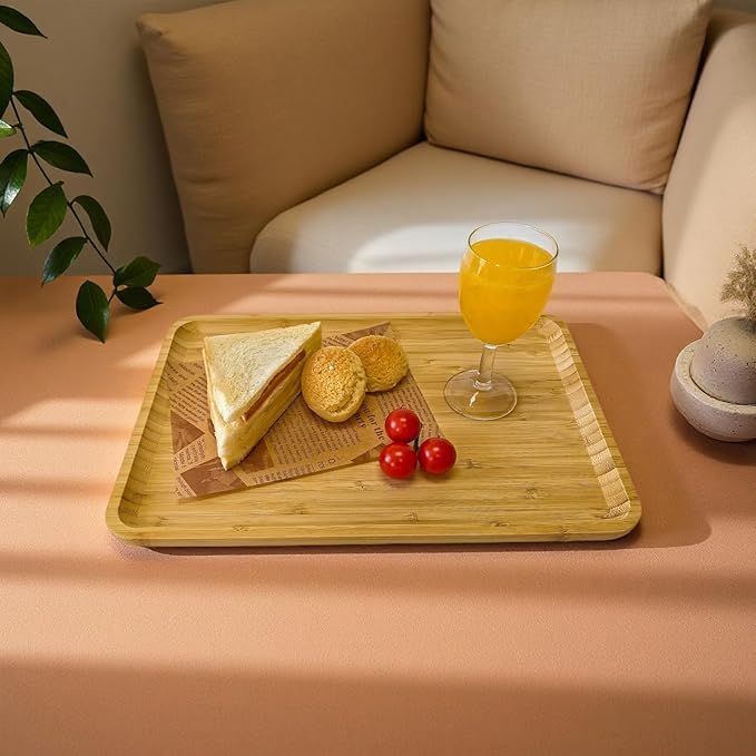 Bamboo Serving Tray Rectangle Platter Breakfast Dinner Food Bed Tray for Eating Kitchen Restaurants (1, 14.2" x 9.5" x 0.8" (no Handle))