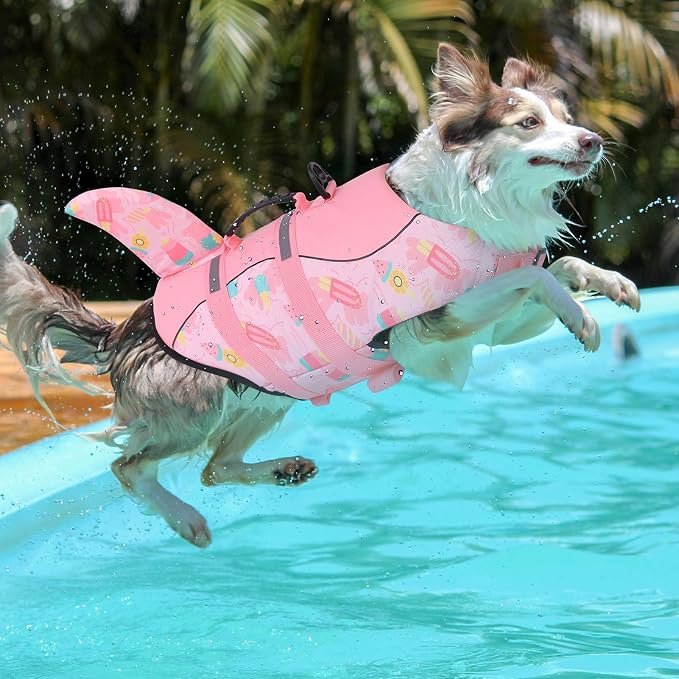 Dog Life Jacket High Flotation, Reflective Dog Life Vests for Swimming, Adjustable Dog Life Preserver Rescue Handle Spring Summer Pool for Small, Medium, Large Dogs (Pink Ice Cream,XL)