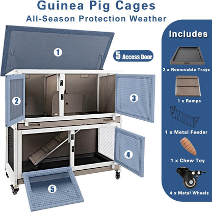 36" L Guinea Pig Cages Wooden, 2 Story Rabbit Cage Indoor Guinea Pig Habitat on 4 Metal Wheels and 2 Deeper Pull-Out Trays, Ramp, Leak Proof Guinea Pig Cages Indoor Small Animal Cage, Grey