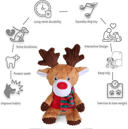 Blnboimrun Christmas Reindeer Plush Dog Toy with Squeaker, Holiday Chew Toys for Puppy Teething, Interactive Stuffed Animal with Crinkle Paper for Small Medium Dogs, Best Gift for Pets