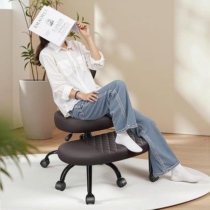 Ergonomic Cross Legged Office Chair with Wheels - Adjustable Height for Meditation, ADHD Desk & Yoga - Wide Criss Cross Design with Lumbar Support, Kneeling Chair - Dark Brown