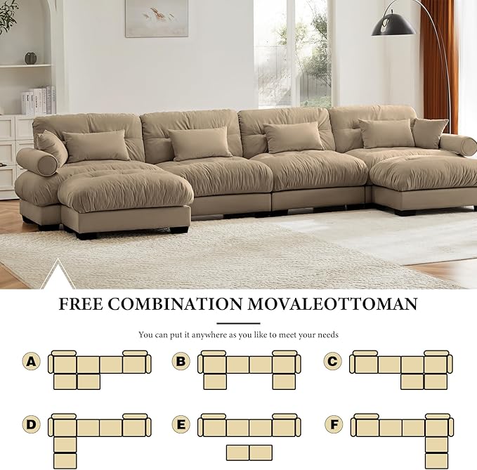 166" Oversized Camel Velvet Cloud Couch - 4 Seater Modular U Shaped Sectional Sofa Set with Ottoman for Living Room