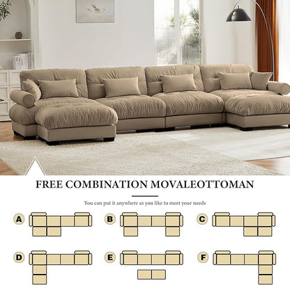 166" Oversized Camel Velvet Cloud Couch - 4 Seater Modular U Shaped Sectional Sofa Set with Ottoman for Living Room