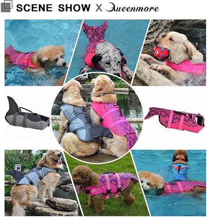 Dog Life Jacket Ripstop Shark Dog Safety Vest Adjustable Preserver with High Buoyancy and Durable Rescue Handle for Small,Medium,Large Dogs, Pink Fish Medium