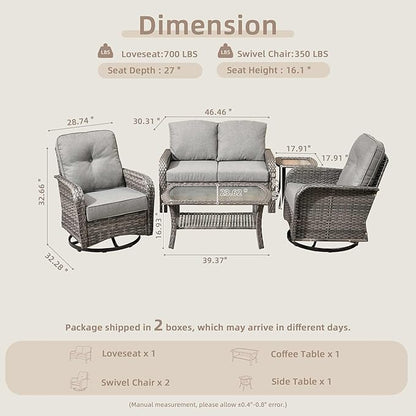 CAODOC 5 Pieces Patio Furniture Set,Outdoor Furniture with Rockers, Rattan Conversation Sets w/Coffee Table, Grey Wicker Light Dark Gray Cushion