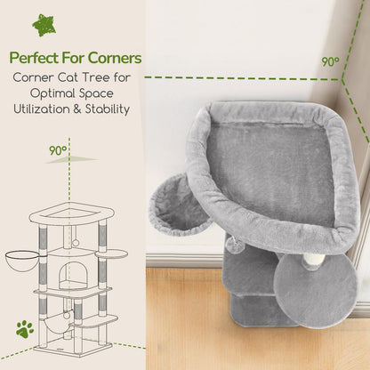 Globlazer Corner Cat Tree Tower for Indoor Cats, 51in Multi-Level Cat Condo Tower with Large Hammock, 7 Sisal Scratching Posts, Oversized Top Perch, Spacious Cat Cave, Hanging Basket, C51, Light Gray