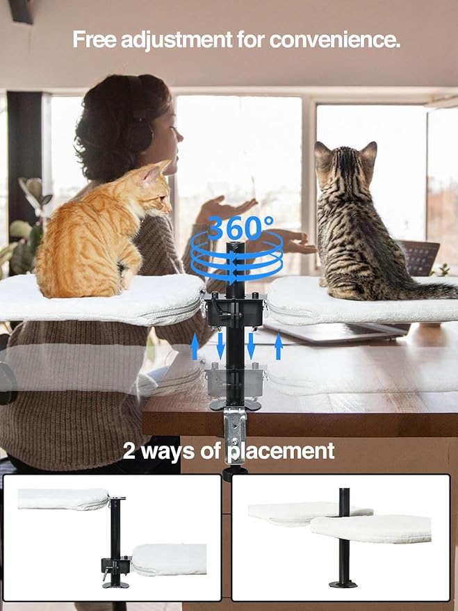 Double Cat Desk Bed - Desktop Attachment Two Cat Perch for Home Office, Spinnable Indoor Desk Mounted Hammock Bed, 2 Elevated Nest for Table, Double Kittens Clamp Hammock for Table(Black)