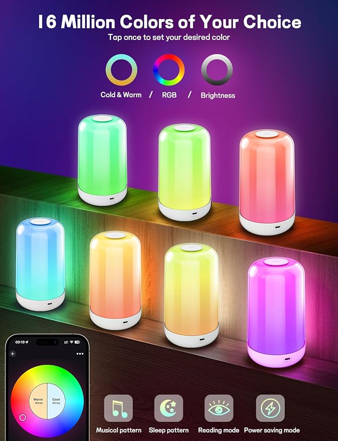 Smart Touch Bedside Table Lamp [Multi-Color & Warm Lights], 3600mA Cordless Small Table Lamp Rechargeable, 7 Colors & Fully Dimmable LED Night Lights for Bedroom Nightstand Nursery Living Room