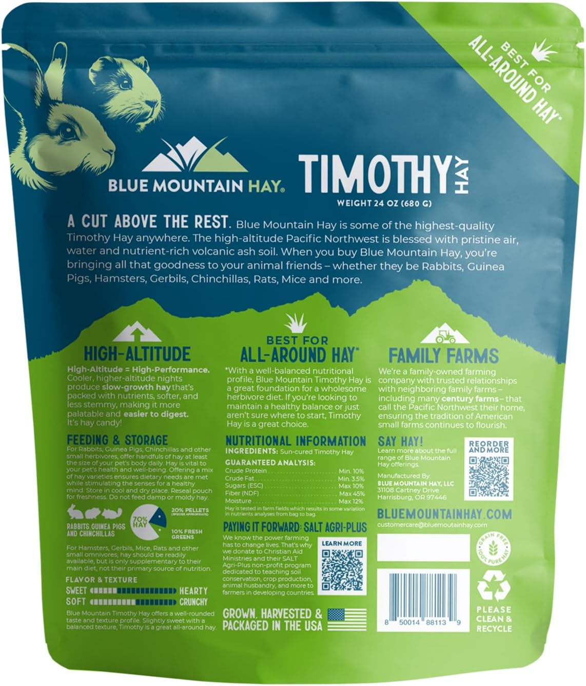 Blue Mountain Hay | Fresh Timothy Hay (24 Ounce) | Great for All Ages | High-Altitude Hay Pet Food for Rabbits, Guinea Pigs, Chinchillas, Hamsters, and Other Small Pets