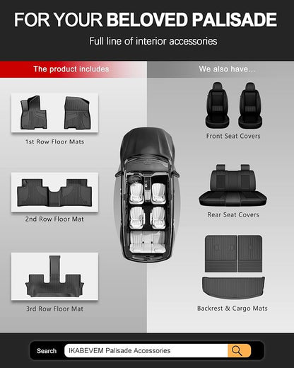 Floor Mats Compatible with 2026 Hyundai Palisade 7/8 Seats Gasoline (Not Hybrid)- Custom Fit TPE Anti-Slip Floor Lienrs - All Weather Floor Mats for Palisade 2026 Accessories Black