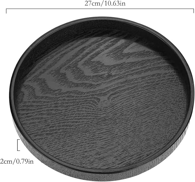 Round Wood Serving Tray, Solid Wooden Decorative Tray Non-Slip Tea Coffee Table Tray Snack Plate Food Meals Serving Tray with Raised Edges for Home Decor Kitchen Restaurant(10.6inch, Black)