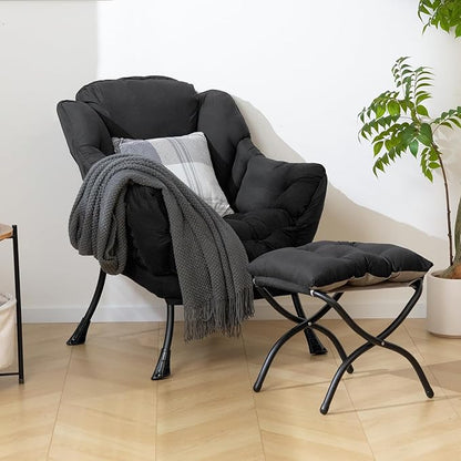 HollyHOME Lazy Chair with Foldable Ottoman, Accent Comfy Lounge Armchair and Folding Footrest Stool, Leisure Sofa Reading Chair and Footstool for Living Room, Bedroom, Dorm,Peachskin Fabric Black