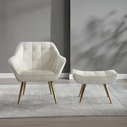 QUINJAY Modern Velvet Accent Chair with Ottoman Set of 2, Upholstered Lounge Chair with Footrest, Comfy Living Room Chair with Gold Legs Accent Side Chair Armchair for Small Space Bedroom, Beige