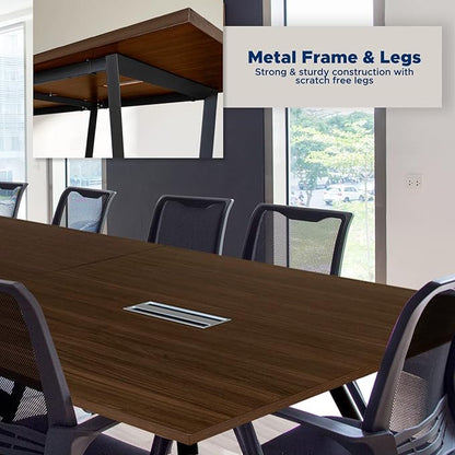 ahliss Sturdy Conference Table with Cable Management Grommets Modern Rectangle Office Meeting Table with Wood Tabletop and Metal Frame & Legs- Easy Assembly Boardroom Table (Dark Brown, 8 Foot)
