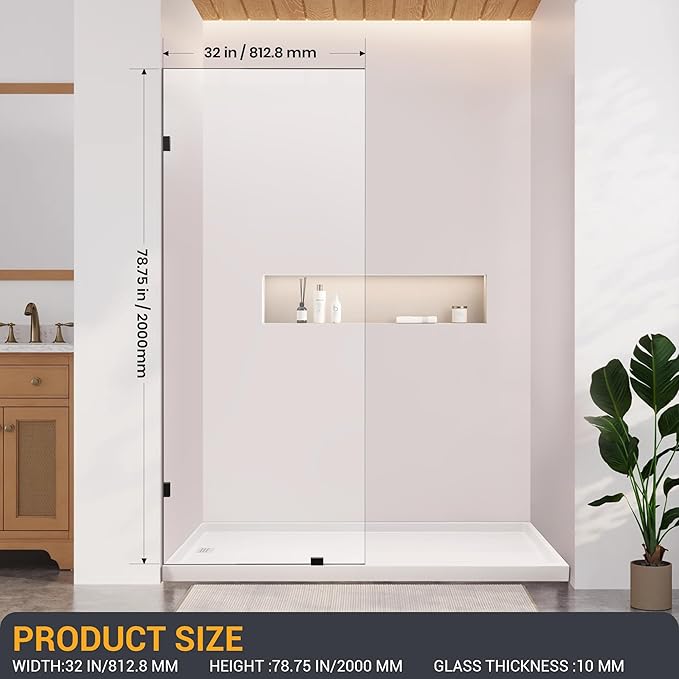 Bathroom Shower Glass Door 32" W×78.75" H, 3/8" Thick Clear Tempered Glass Panel