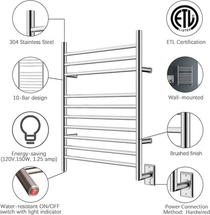HEATGENE Towel Warmer Wall-Mounted Hardwired Heated Towel Rack Hot Towel Bar