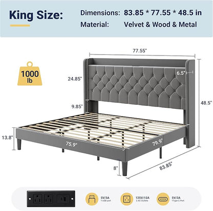 Allewie King Size Bed Frame, Storage Headboard with Charging Station, Wingback Velvet Upholstered, Diamond Stitched Button Tufted, Sturdy Wooden Slats, No Box Spring Needed, Easy Assembly, Grey