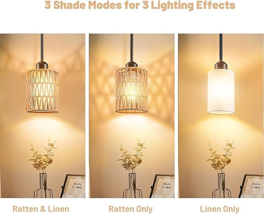 Pendant Light Boho Hanging Lamp - Rattan & Linen 2-in-1 Shade, Adjustable Hanging Lights Fixture for Kitchen Island, Dining Room, Farmhouse, Bedroom (2 Pack)