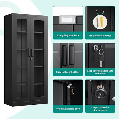 Metal Storage Cabinet with Lock and Glass Doors, Glass Display Cabinet