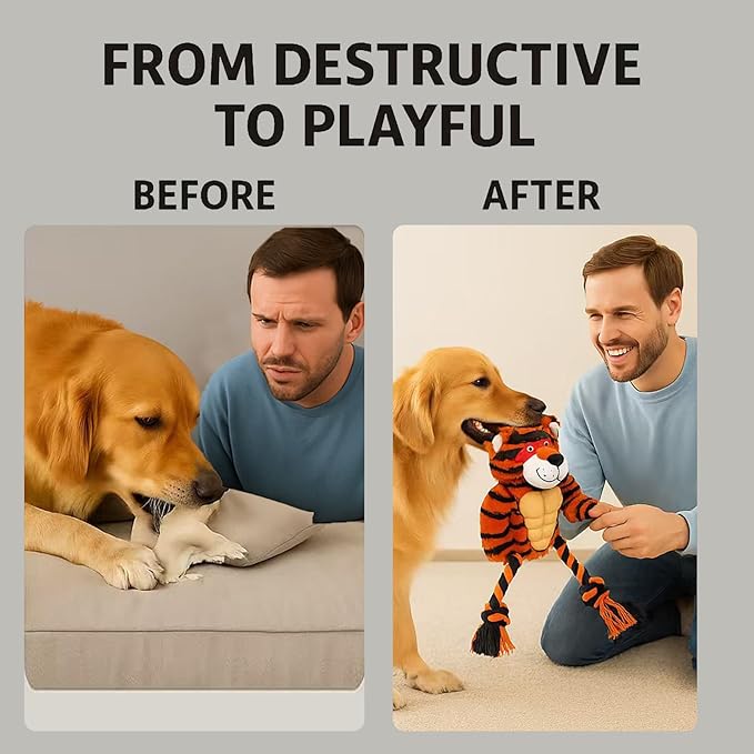 Durable Rope & Plush Dog Toy for Aggressive Chewers – Muscle Tiger Squeaky Tug Toy for Medium & Large Dogs, Interactive Chew & Play
