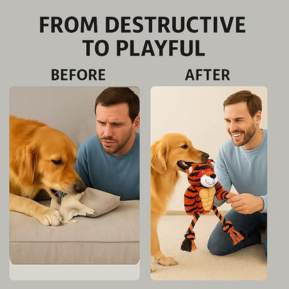 Durable Rope & Plush Dog Toy for Aggressive Chewers – Muscle Tiger Squeaky Tug Toy for Medium & Large Dogs, Interactive Chew & Play
