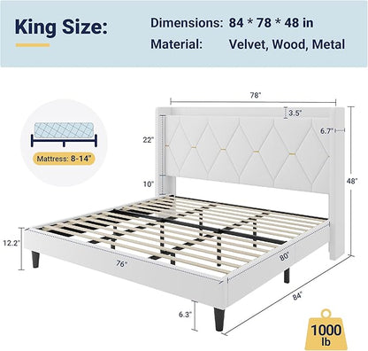 Allewie Velvet King Size Upholstered Bed Frame with Wingback Storage Headboard & Charging Station, Platform Bed with Diamond Tufted Design & Gold Trim, No Box Spring Needed, Easy Assembly, White