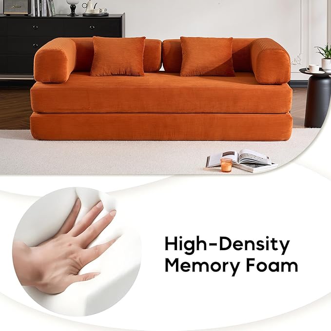 Convertible Folding Couch Bed, Comfy Corduroy Sleeper Floor Sofa Bed with Fixed-Shape Frame, Floor Sofa with Armrest, Lounge Couch for Living Room Bedroom Lounge Studio, Orange