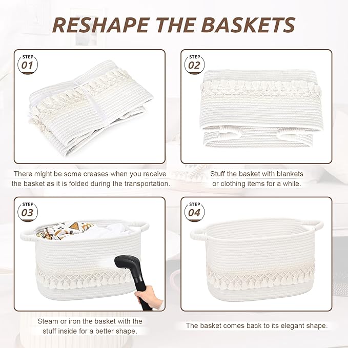 2 Pack Storage Basket for Shelves, Boho Cotton Rope Storage Bins with Heavy Tassel, Shelf Baskets Large Woven Baskets for Organizing, Cube Organizer Bins, Baby Laundry Basket for Clothes, Toys, Pets