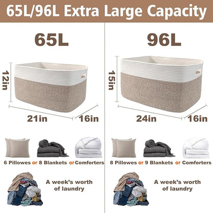 Woven Blanket Basket,65L Large Storage Bin for Blankets Toys Clothes,Decorative Rope Basket for Living Room Bedroom with Handles, White&Oatmeal